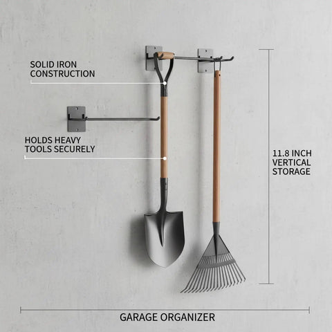 Heavy Duty Iron Wall Mount Tool Rack For Shovels And Rakes, Vertical Garage Organizer, showing solid iron construction on wall