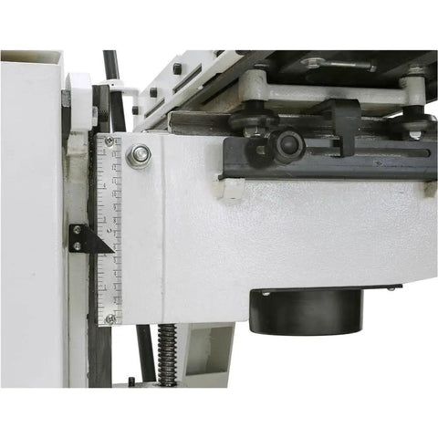 Close-up of Bad Ass Heavy Duty Horizontal Slot Mortiser With A Powerhouse 2 Hp Motor and 220V Wiring showing precision scales and rail.