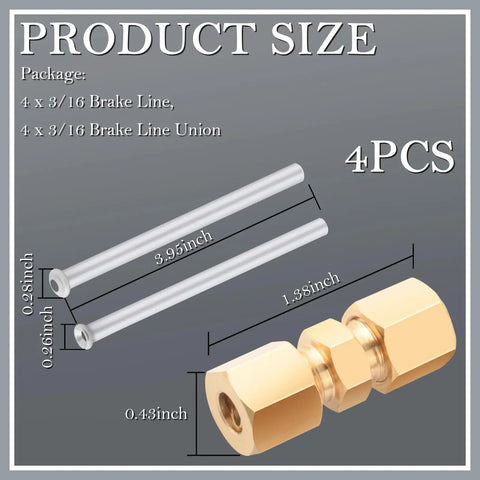 3/16 Inch Brake Line Fitting Kit With Bubble Flare And Double Flare Ends, Includes Four Brass Union Connectors, Universal Car Brake Line Repair Kit For Quick, DIY Vehicle Brake Line Fix. 4 pcs with brass unions and 3/16 tubes