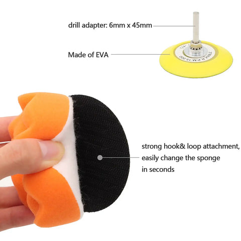 Headlight Restoration Kit With 3 Inch Polishing Sanding Discs And 1 Fourth Inch Shank Backing, showing drill adapter and sponge