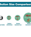 Total Game Changer 500 Piece 25 Millimeter Button Maker Kit For 1 Inch Blank Pin Back Badges size comparison with quarter and different button sizes.