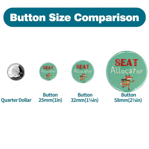 Total Game Changer 500 Piece 25 Millimeter Button Maker Kit For 1 Inch Blank Pin Back Badges size comparison with quarter and different button sizes.