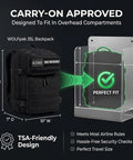 35L Tactical Gym Backpack Built For Everyday Use, Tough As Nails 1000D Waterproof Oxford Fabric, MOLLE Webbing, Laptop Pocket, Dual Cup Holders, Your Go To Fitness Travel Daypack That Feels Like A Workhorse displaying next to a TSA-friendly carry-on size check indicator.