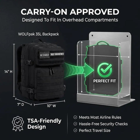 35L Tactical Gym Backpack Built For Everyday Use, Tough As Nails 1000D Waterproof Oxford Fabric, MOLLE Webbing, Laptop Pocket, Dual Cup Holders, Your Go To Fitness Travel Daypack That Feels Like A Workhorse displaying next to a TSA-friendly carry-on size check indicator.