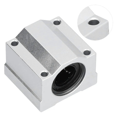 Top Shelf Heavy Duty 20mm Aluminum Linear Ball Bearing Slide Block With Slick Rolling Bushings For Precision Cnc Machines and Electronic Gear Linear Motion Guide Shaft, close-up of aluminum slide block.