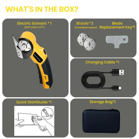 Cordless Electric Scissors Go To Box Cutter For Cardboard And More, 4V Rechargeable Box Cutter with USB, blades, case, yellow