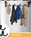 Heavy Duty Double Prong Wall Hooks Set, Metal Wall Mounted Coat Hooks holding coats and hats on a white wall, visualizes organized storage.