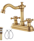 Antique Brass Two-Handle Four Inch Centerset Bathroom Faucet With 360 Degree Swivel High Arc Spout Includes Drain Assembly And Supply Hoses