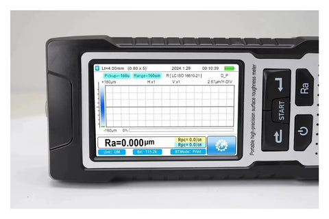 Legit Dead Accurate Digital Surface Roughness Tester For Metal Parts Inspection And Wood Finish Measurement With A Tight Little Build That Gonna Nail Your Quality Checks Without Any Fuss, display screen showing measurement data.