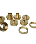 Nine Piece Router Template Guide Set Engineered For Rip Tight Accuracy And Rock Solid Stability While Serving Up Clean Edges That Hit Straight Every Single Time On Base Plates brass router guides in a group arrangement.