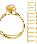 Ring Guard Set For Loose Rings 12 Pack With 3 Sizes In Golden Color Invisible Size Adjusters displayed next to a gold ring.