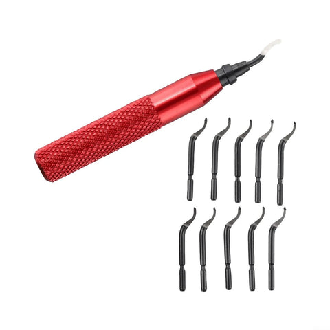 Red RB3000 metal deburring tool with storage-handle design and ten BK3010 HSS blades