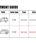 Fitment guide for Outdoor Heavy Duty Car Cover For Jeep Wrangler 4 Door JK JL TJ YJ From 2007 To 2021, size 193"x74.8"x59"