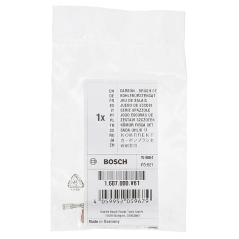 Packaging of OEM Replacement Brush Set Pair 1607000V61 For Angle Grinders GWS 13 To 50 AG60 125, Genuine OEM Part Made In USA
