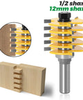 Premium Adjustable Box Joint Router Bit With Five Tough Carbide Blades And Fast Shank Setup For Slick Tenon Cuts and wood piece showing joint details.