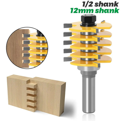 Premium Adjustable Box Joint Router Bit With Five Tough Carbide Blades And Fast Shank Setup For Slick Tenon Cuts and wood piece showing joint details.