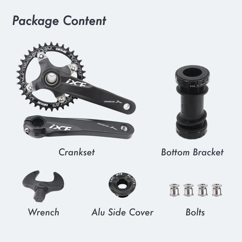 104 BCD Four Arm Mountain Bike Crankset With Chainring And BSA Bottom Bracket Spindle 1x 2x 3x Compatibility 170mm Or 175mm Length Oilslick Black Red Finish 32T Ring For MTB with components displayed