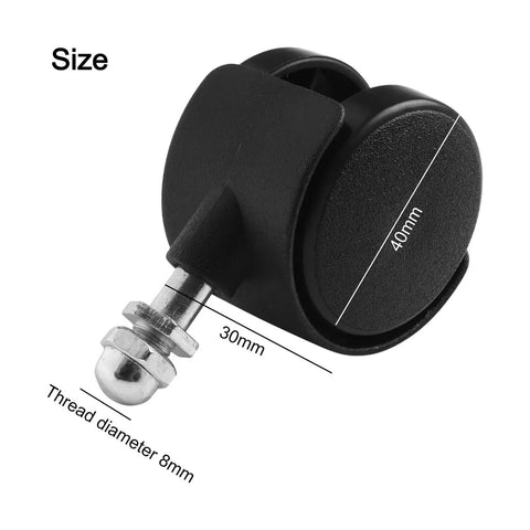 Close-up of a black plastic swivel caster wheel with a 40mm wheel and an 8mm threaded stem