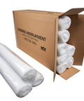Top Shelf 2mm Foam Flooring Underlayment In Clean White Covers One Thousand Square Feet Packs Ten Rugged Rolls in packaging.