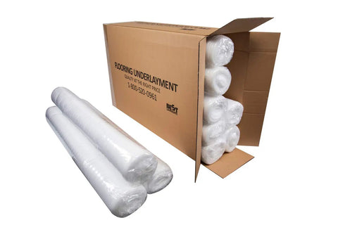Top Shelf 2mm Foam Flooring Underlayment In Clean White Covers One Thousand Square Feet Packs Ten Rugged Rolls in packaging.