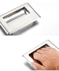 Slick Stainless Steel Hidden Recessed Pull Handles For Doors Drawers Cabinets And Sliding Doors Square Flush Concealed Hardware Two Pack XL Size with hand usage.
