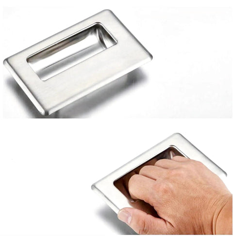 Slick Stainless Steel Hidden Recessed Pull Handles For Doors Drawers Cabinets And Sliding Doors Square Flush Concealed Hardware Two Pack XL Size with hand usage.