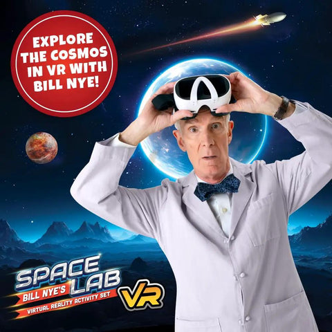 Immersive VR Space Lab Science Kit For Kids Aged 8 To 12 Realistic STEM Adventure With 92 Page Interactive Guide And 128 Experiments Explore Space Solar System Galaxy And Universe Hands On Learning Fun, Bill Nye holding VR goggles