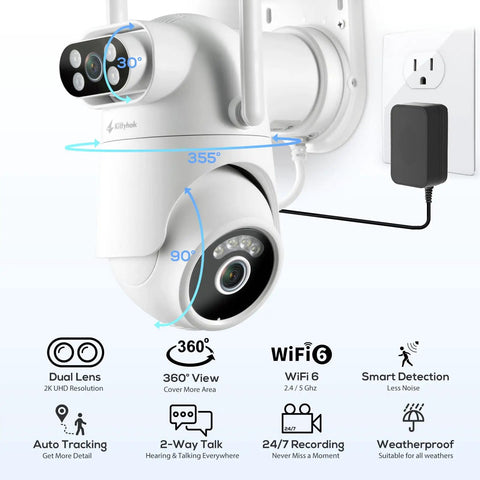 Wireless Dual-Lens 2K Outdoor Security Camera System With 360 Degree PTZ Auto Tracking Motion Detection Night Vision on wall