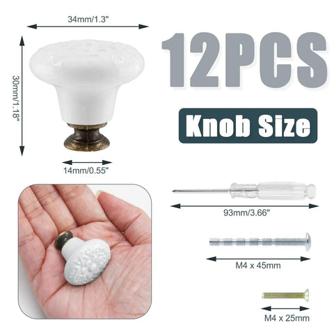 12 Pack White Ceramic Kitchen Cabinet Knobs With Two Screw Sizes And Includes Mini Screwdriver For Easy Install, 34mm Diameter And 30mm Height, Modern Durable Hardware For Cabinets And Drawers, shown with screws