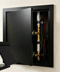 Rock Solid Aluminum Push To Open Access Panel For Drywall, Zero Sweat Magnetic Catch Flush Mount Ceiling Door For Plumbing And Electric, Easy Setup, Snap On Style, Matte Black Frame, 15X18 Inches with open panel revealing plumbing.
