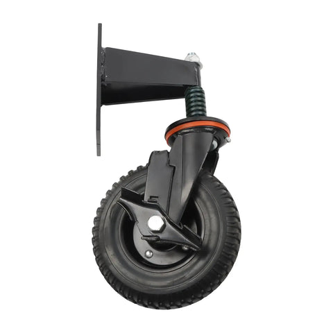 Heavy Duty 8 Inch Fence Gate Wheel Roller With Silent Rubber Tread And Bulletproof Steel Core, side view, black rubber wheel and u-bolt attachment.