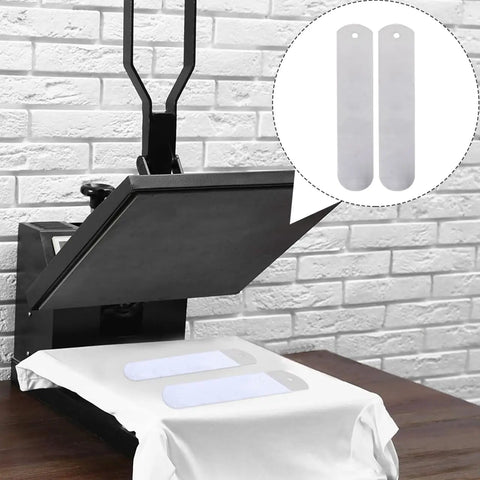 Aluminum Sock Jig Set For Sublimation 17.71 Inch 4 Pack Keeps Socks Flat And Straight During Heat Press Process Durable Metal Inserts shown on a heat press with brick wall background.