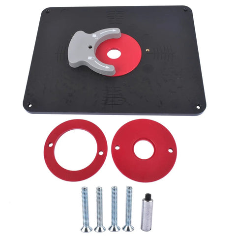 Top Shelf Precision Router Table Insert Plate With Level Loc Rings For Undrilled Woodworking Jigs featuring red rings and screws.