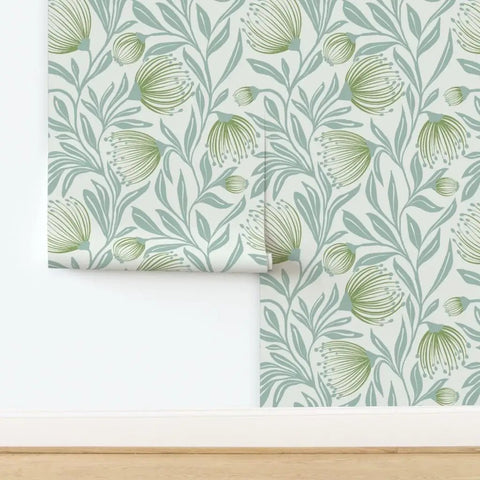 Top Shelf Botanical Modern Wallpaper With A Smooth Matte Linen Texture Pvc Free Heavy Duty Covering For Kitchens Baths Or Hallways Paste To Paper Built Tough For Daily Grind Ordered Fresh Just For You, featuring green botanical patterns.