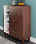 Slick Peel And Stick Countertop Wrap Featuring Sweet Dark Walnut Wood Grain on a cabinet with open shelves and three drawers.