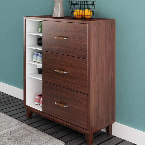 Slick Peel And Stick Countertop Wrap Featuring Sweet Dark Walnut Wood Grain on a cabinet with open shelves and three drawers.