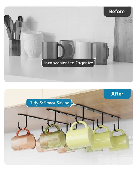 Under Cabinet Mug Hooks Set, 3 Pack With 9 Hooks, Easy Cup Hanger For Displaying Coffee Mugs, Cups And Kitchen Utensils, Rust-Resistant Stainless Steel, Space-Saving Black Finish installed under a cabinet showcasing mugs organized efficiently.