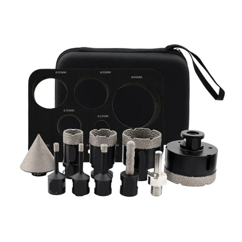 Top Tier Drill Bit Kit With Hole Saw And Hard Chamfer Adapter For Granite Tile Core Cutting Plus Milling Cutter Set To Handle Tough Shaping Jobs Like A Boss. Black case with 25mm-68mm diamond hole saws and chamfer adapter for granite tile drilling