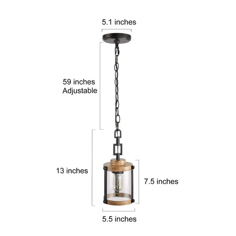 Farmhouse Pendant Lighting For Kitchen Island With Faux Wood Metal Frame And Bubbled Glass Shade dimensions diagram.