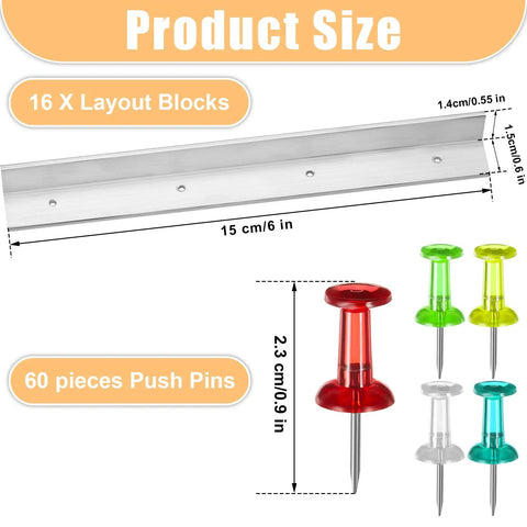 Premium 10 Piece Six Inch L Shaped Layout Block System For Stained Glass Panels With Assorted Colored Push Pins, showing 16 layout blocks and 60 push pins.