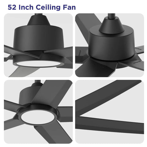 52 Inch Black Ceiling Fan With Light And Remote Control 3CCT Quiet DC Motor 5 Blade Modern Farmhouse Style