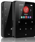 Front and side view of 64GB Bluetooth 5.3 MP3 Player With Hi Fi Lossless Sound, Pocket Size For Running And Workouts, in black.
