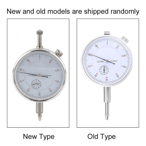 New and old High Sensitivity Dial Indicator Gauge 0 to 10mm Range 0.01mm Accuracy, All Metal Construction, shown side by side