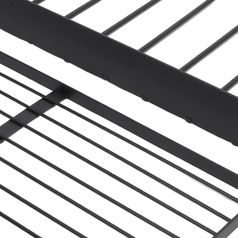 Close-up view of a heavy-duty iron wall-mounted power tool organizer rack for garages and homes.