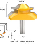 Premium Built Tough 45 Degree Lock Miter Router Bit Set With Half Inch Shank And Three Cutting Heights For Flawless Wood Joinery That Knocks Out Every Weekend Project Fast, showing dimensions and design.