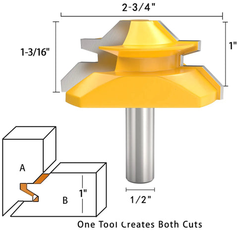 Premium Built Tough 45 Degree Lock Miter Router Bit Set With Half Inch Shank And Three Cutting Heights For Flawless Wood Joinery That Knocks Out Every Weekend Project Fast, showing dimensions and design.