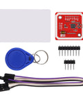 PN532 NFC RFID Module Kit V3 for Arduino and Raspberry Pi with S50 card, blue tag, and connectors shown on a flat surface.