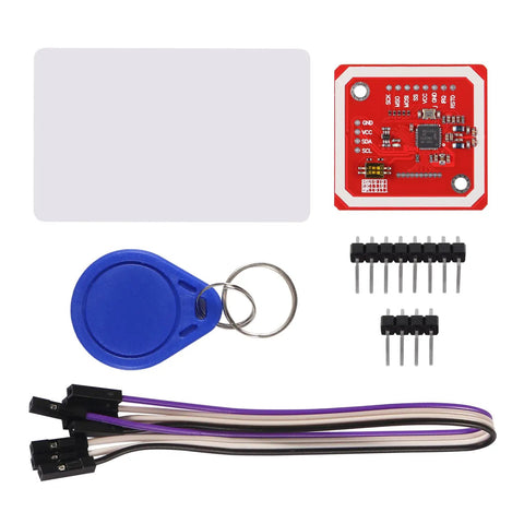 PN532 NFC RFID Module Kit V3 for Arduino and Raspberry Pi with S50 card, blue tag, and connectors shown on a flat surface.