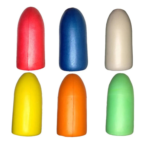 Six colorful PVC foam canoe outrigger stabilizer buoys including the yellow 27 cm length and 12 cm diameter version.