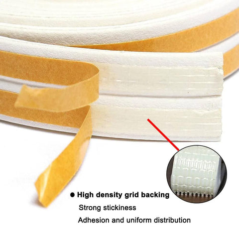 Close-up of white self-adhesive D-type foam seal, Weather Stripping Seal Tape For Doors And Windows Frames, with grid backing.